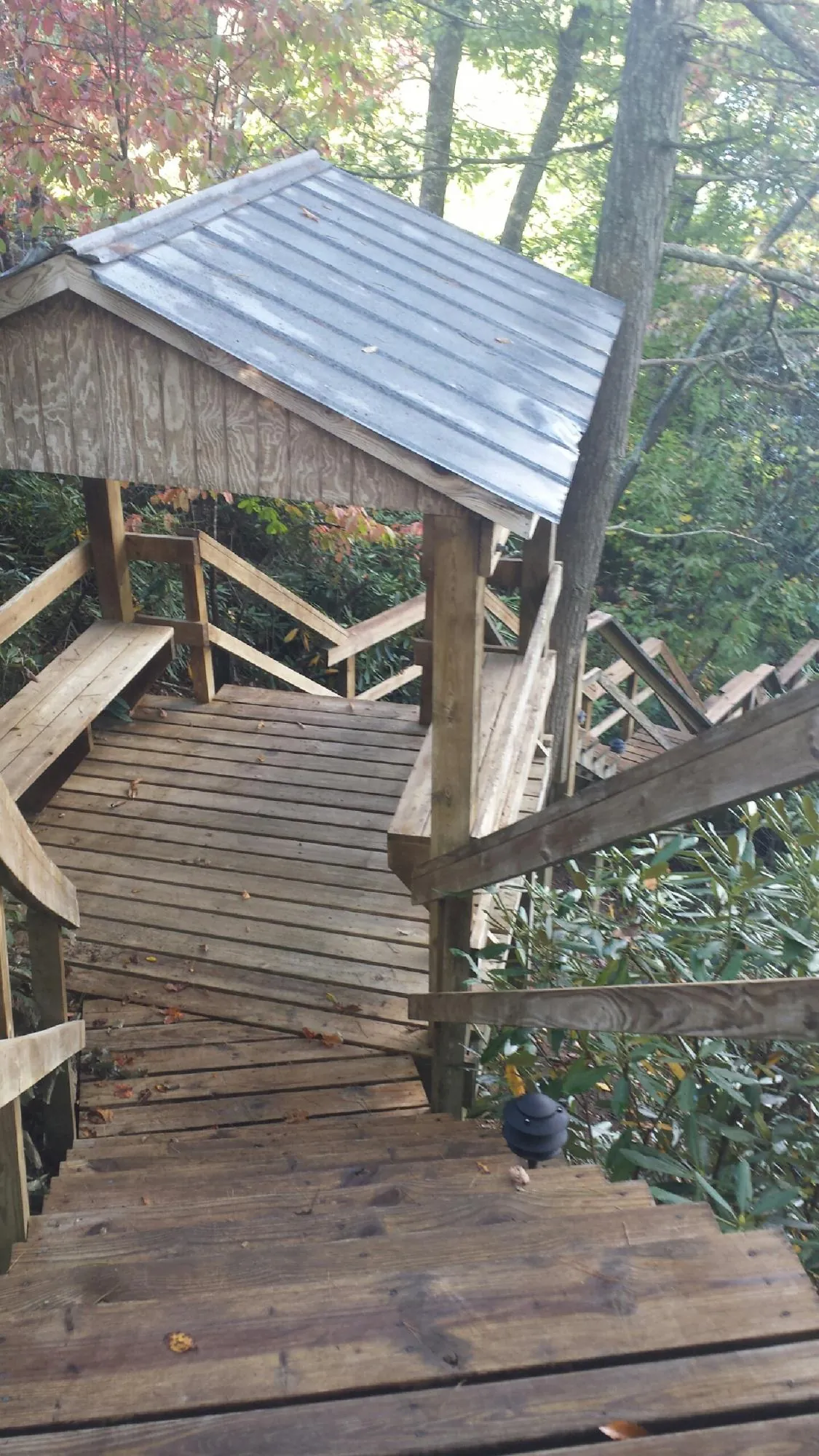 Metal roofed shelter over wooden steps on a wooded walkway — Skylight Repair & Installation work by our crew in Ledbetter